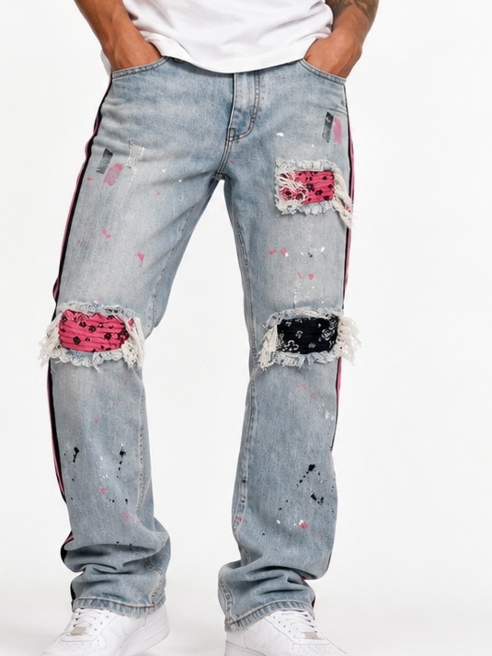 Focus Jeans 36W 32L Y2K Distressed Patchwork Paint Splatter Side Stripe Jeans